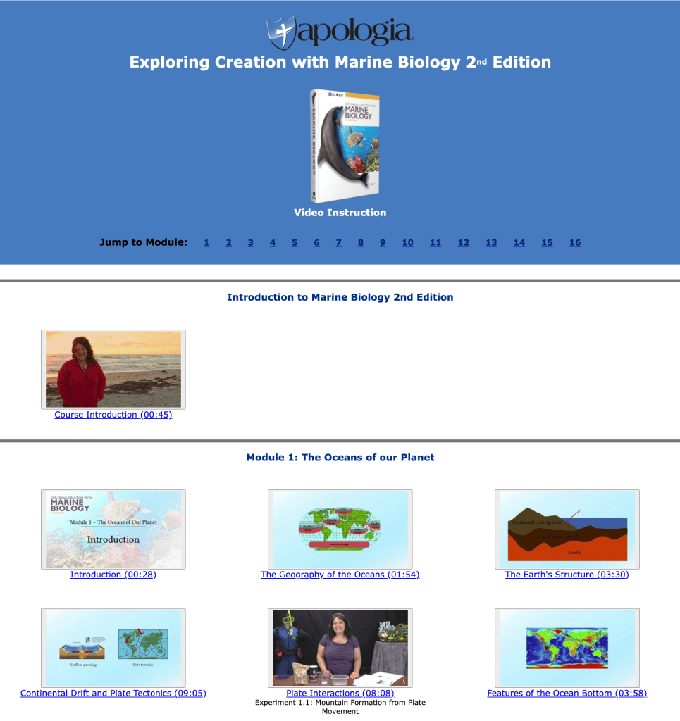 Thumbdrive menu for Apologia Marine Biology Video Instruction