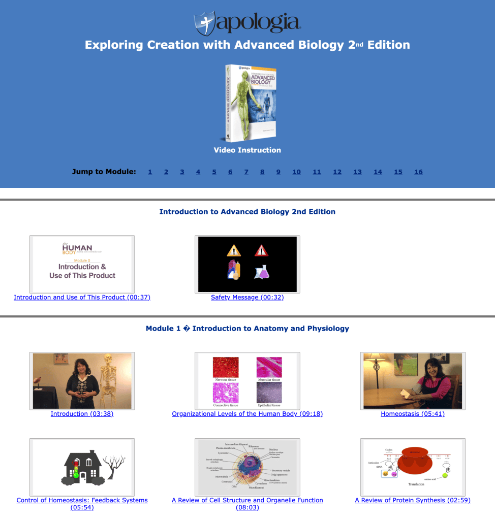 Thumbdrive menu for Apologia Advanced Biology Instruction