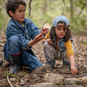 2 students exploring creation outside in the fall leaves
